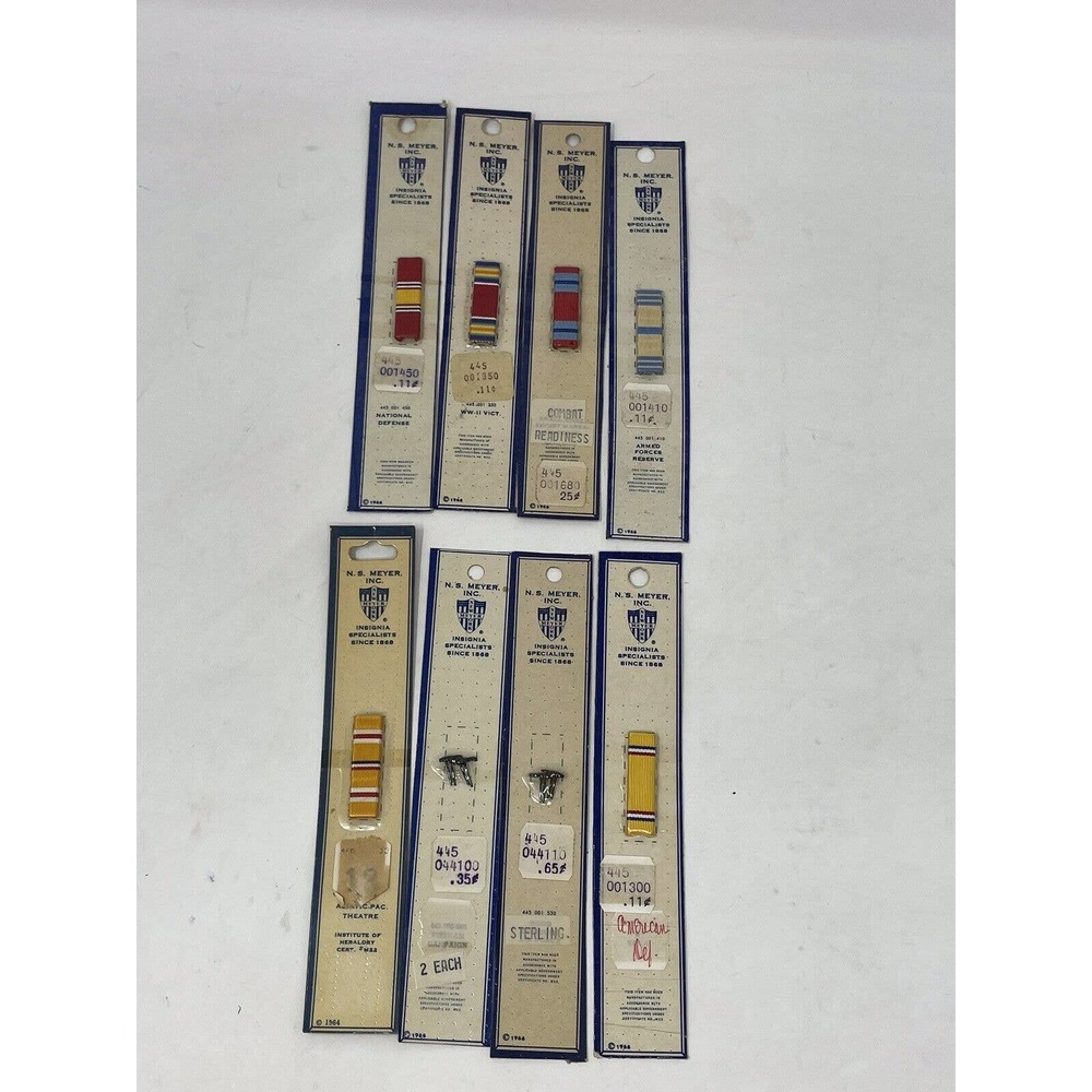 8 Vintage N.S. Meyer Ribbon Lot 1960’s Military Armed Forces Sterling WW II